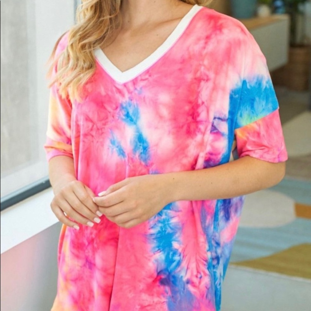 Bright tie-dye, drop sleeve buttery soft V-neck tee.
